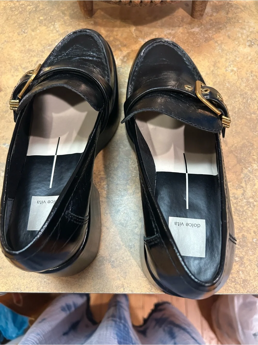 Anthropologie /Dolce Vita Yonder Black Platform Loafer with Gold Buckle